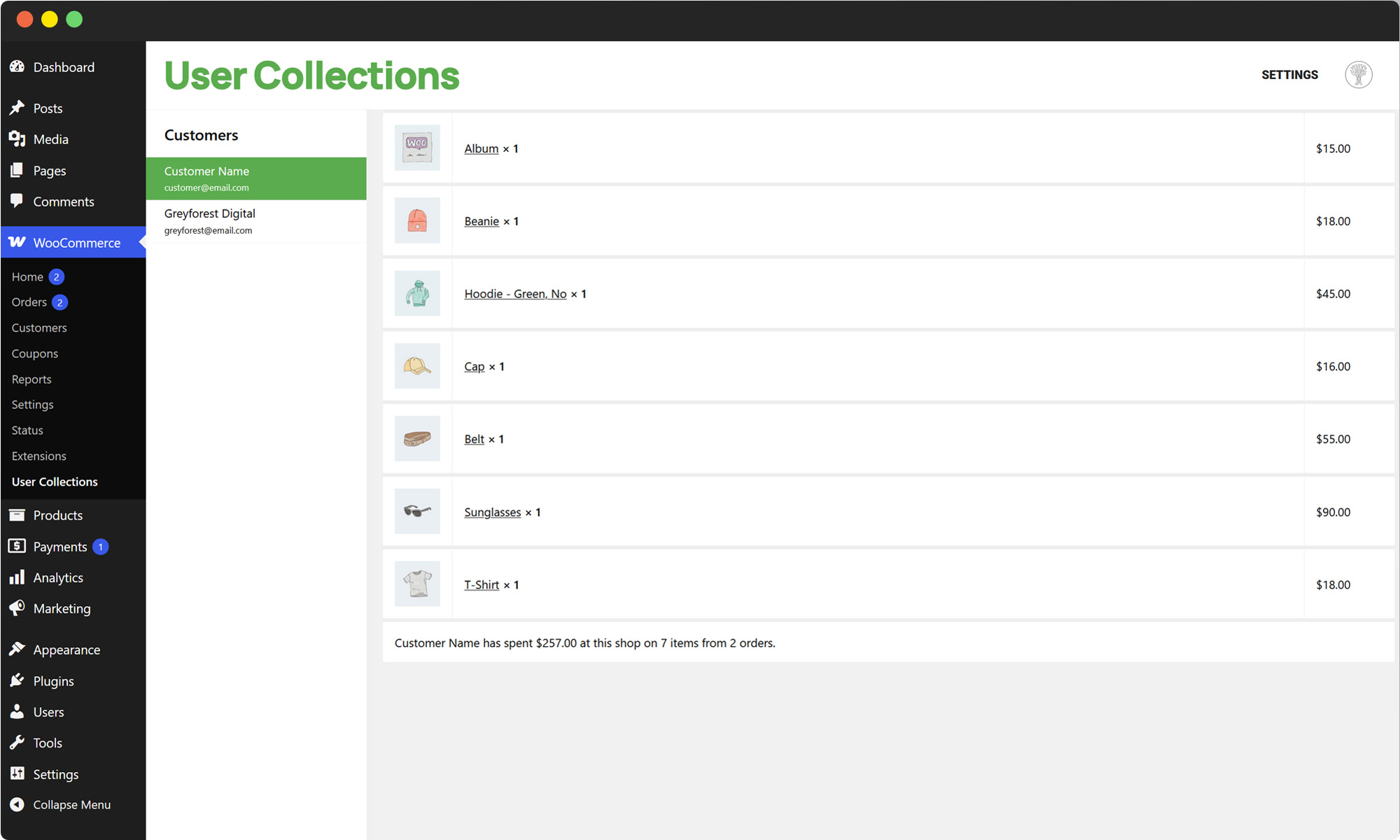 Admin dashboard interface for viewing user collections of all purchased products.