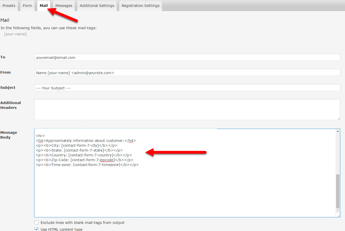 Place your shortcode in your contact form 7 "mail" bookmark. As showed in the screenshot. You can use any HTML tags around shortcodes.