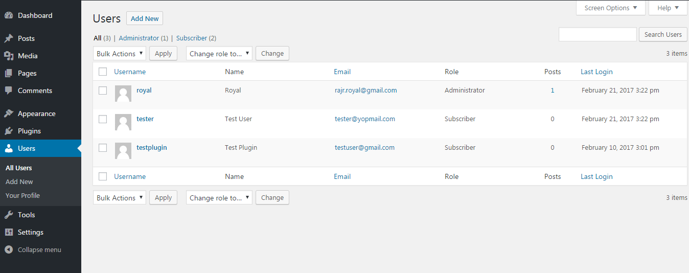 Manage users screen with column 'Last Login' added at end.