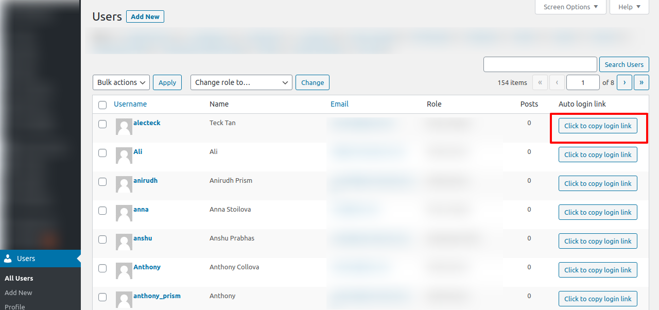 Click to copy the login link of the user of your choice.