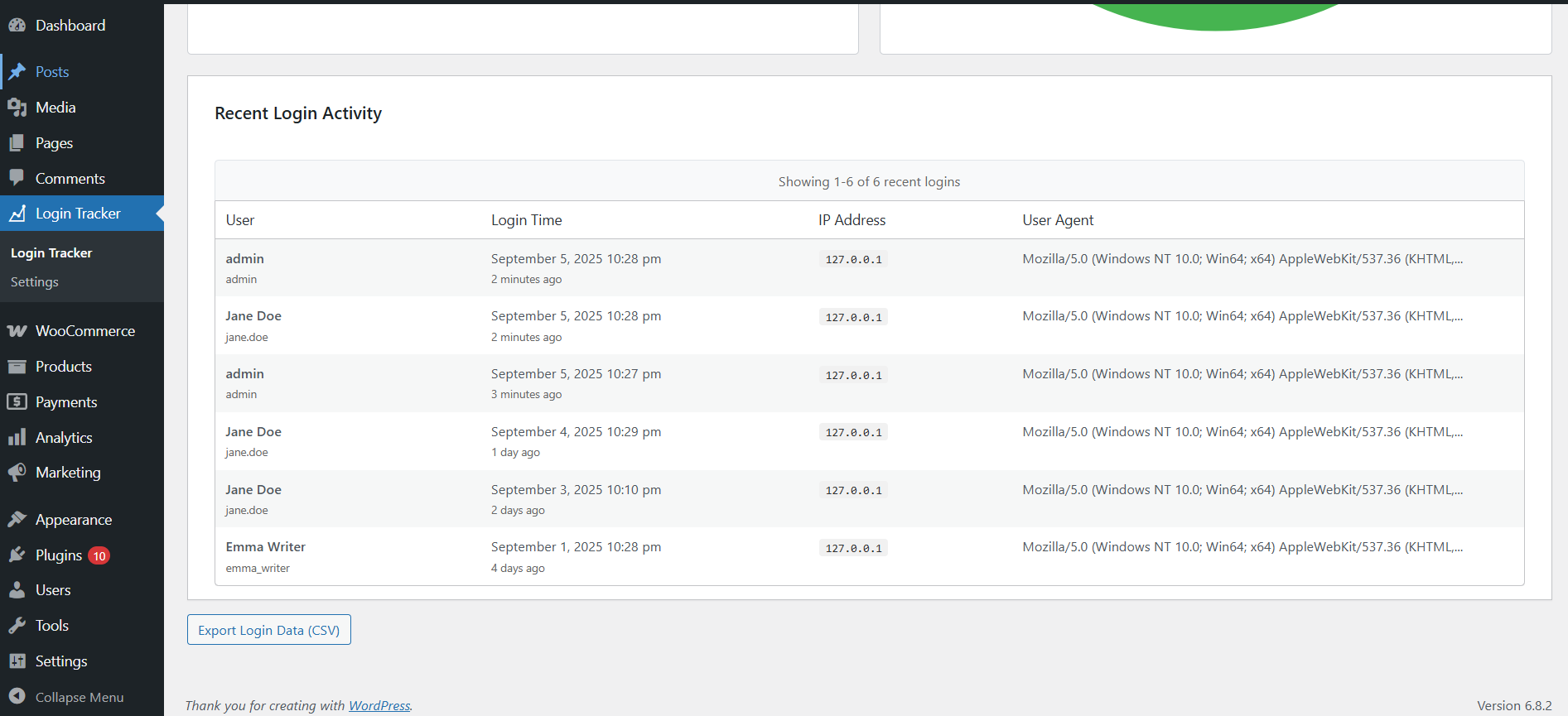 Recent login activity table