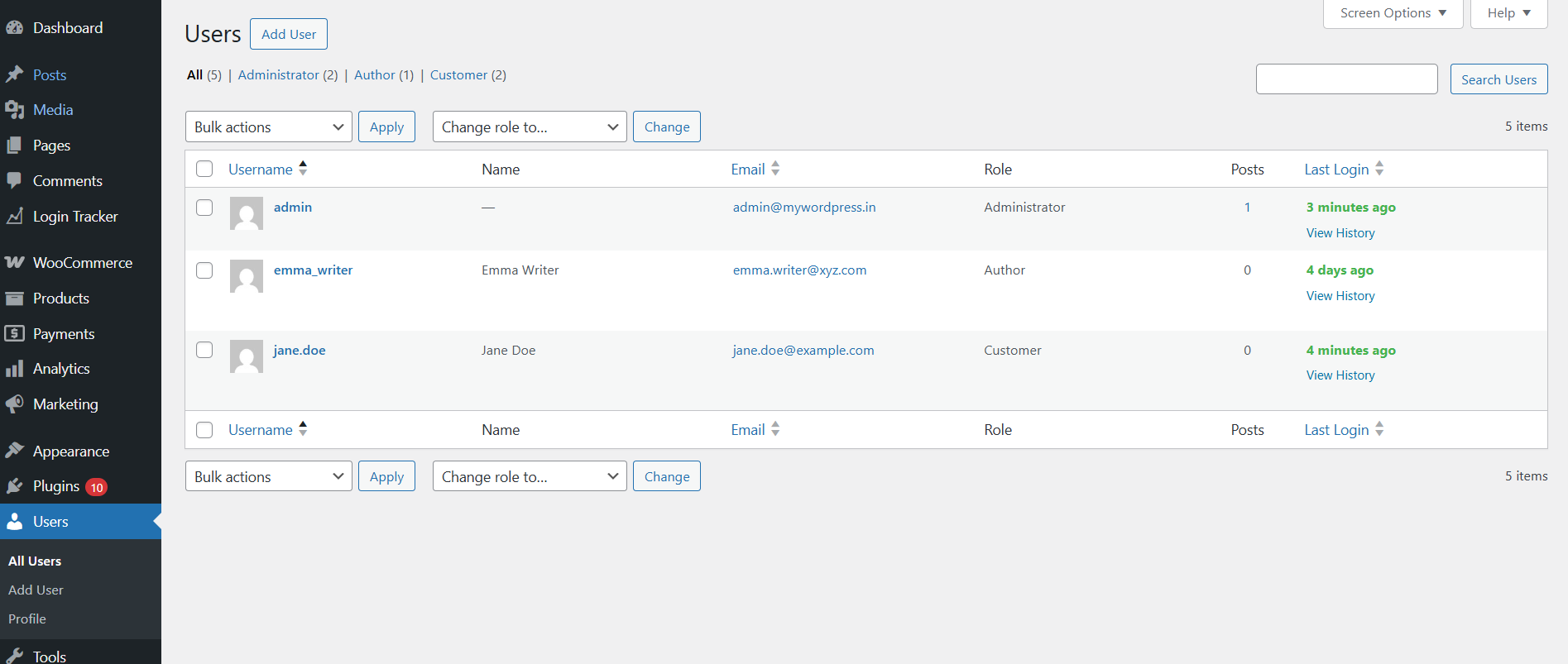 User management screen with login history and activity indicators