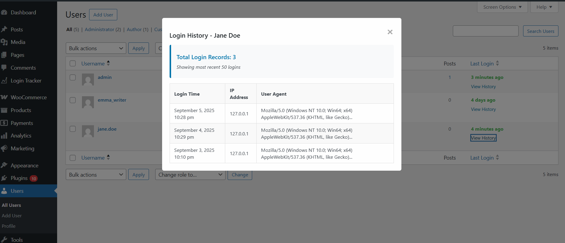 Detailed user login history with timestamps and IP addresses
