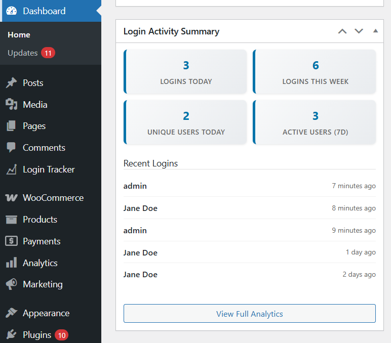 Dashboard widget showing recent activity and key metrics