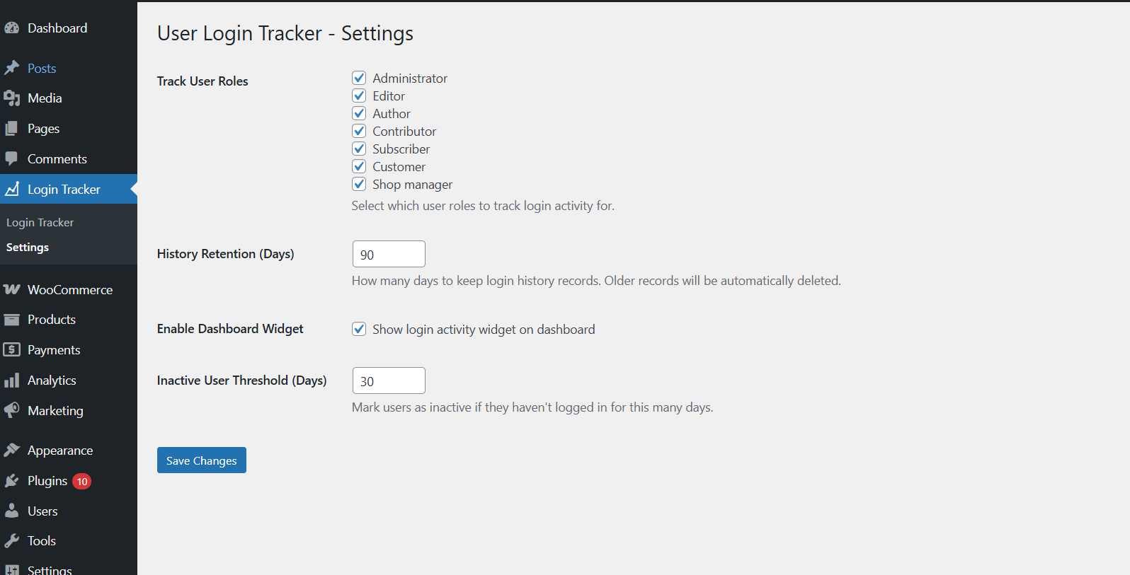 Settings page with customization options