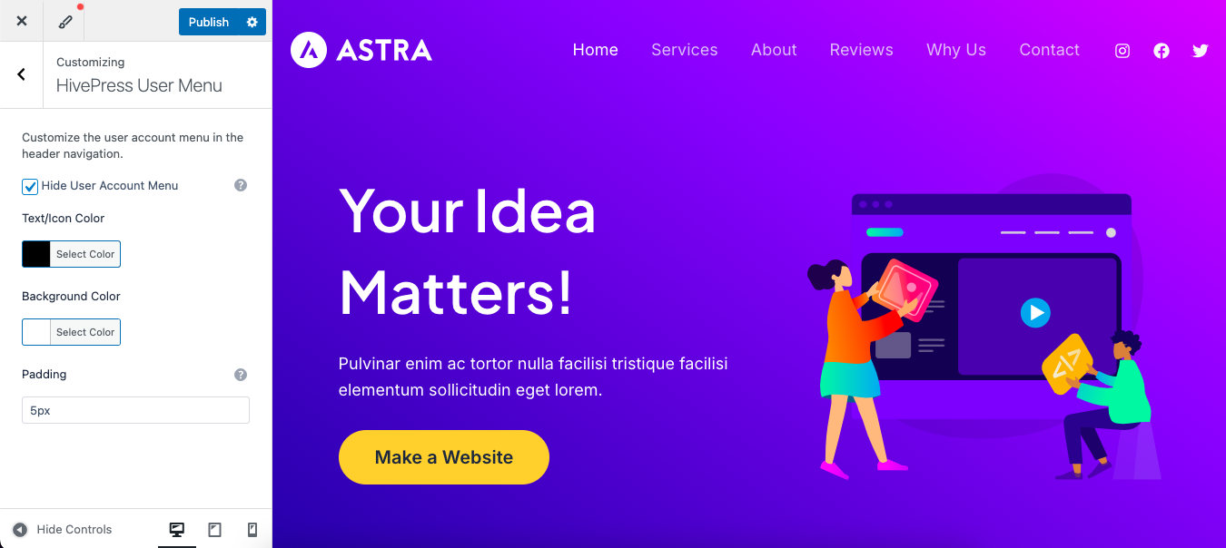 User menu with customized colors and padding.