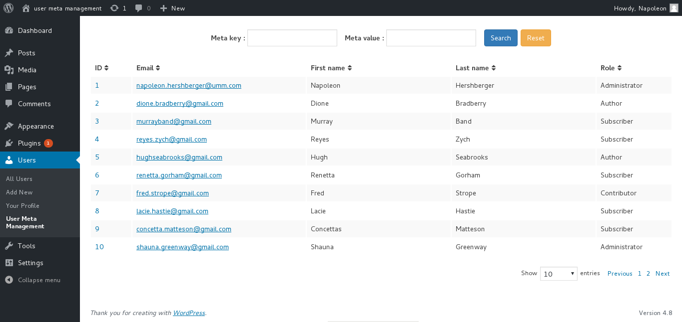 Starting screen of the user meta manager