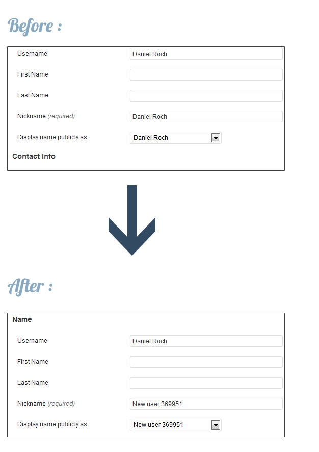 When a user Nickname or Display Name are identiqual to Login, the plugin uses a random value instead.