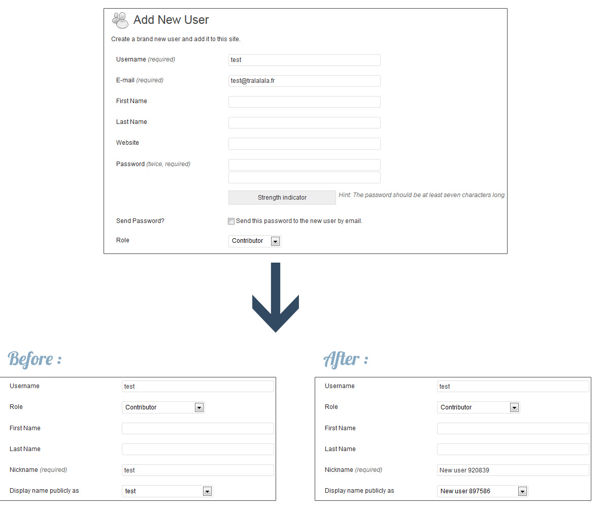 During registration, WordPress won't use the same Display Name and Login for new users : "SX User Name Security" uses a random value.