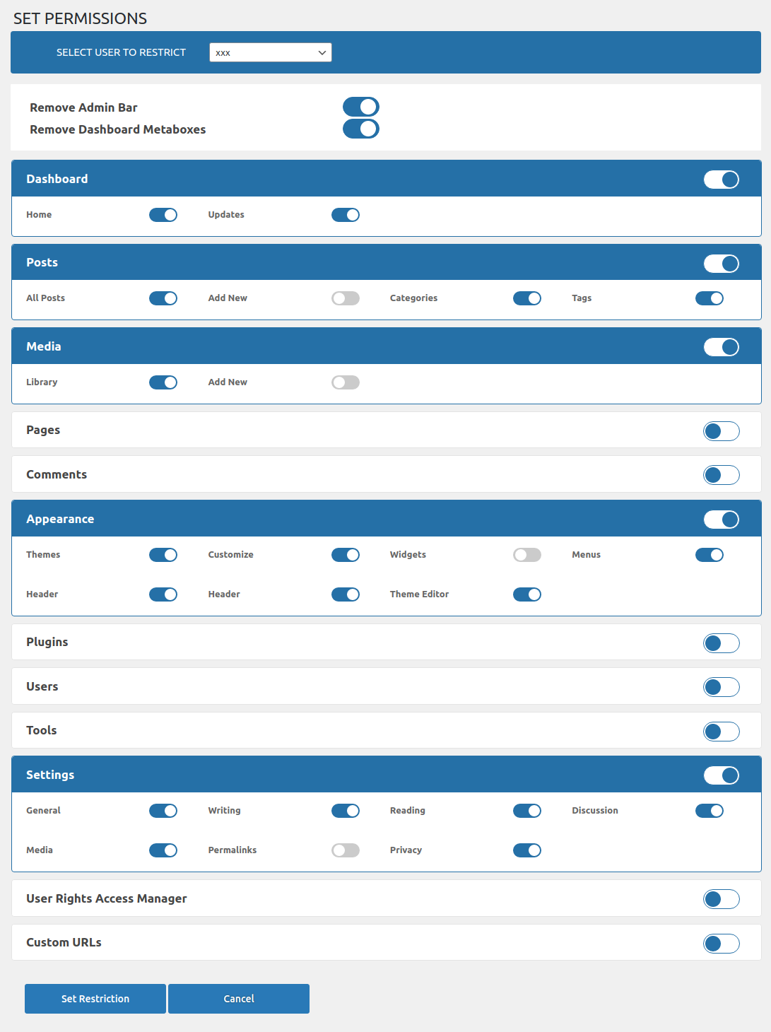 Allow limited access of selected main menus and submenus.