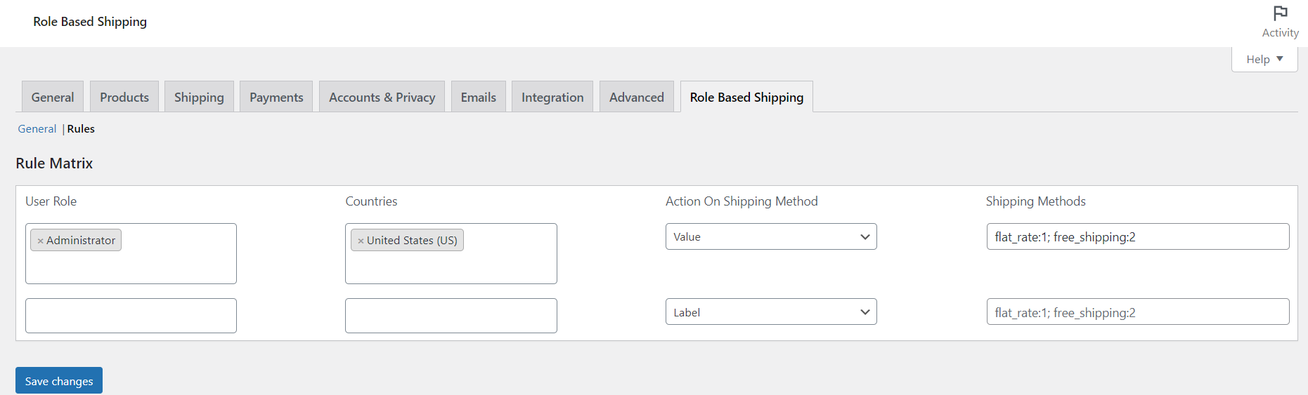 Multiple shipping method rule configuration for single user role