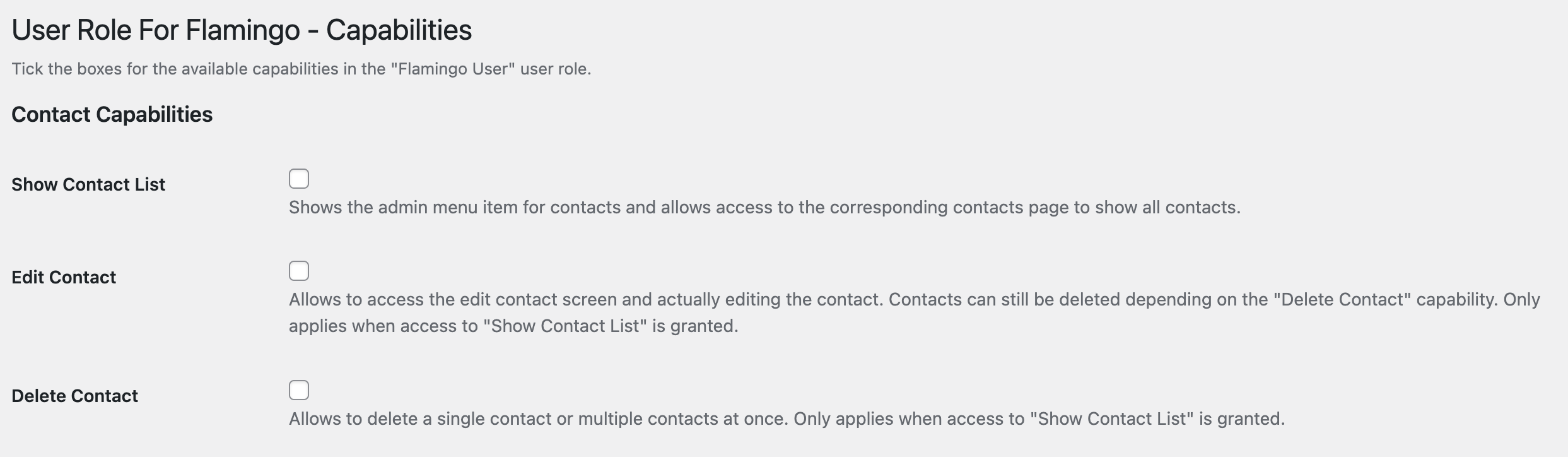 Settings page to configure the Flamingo user role (only Administrators)