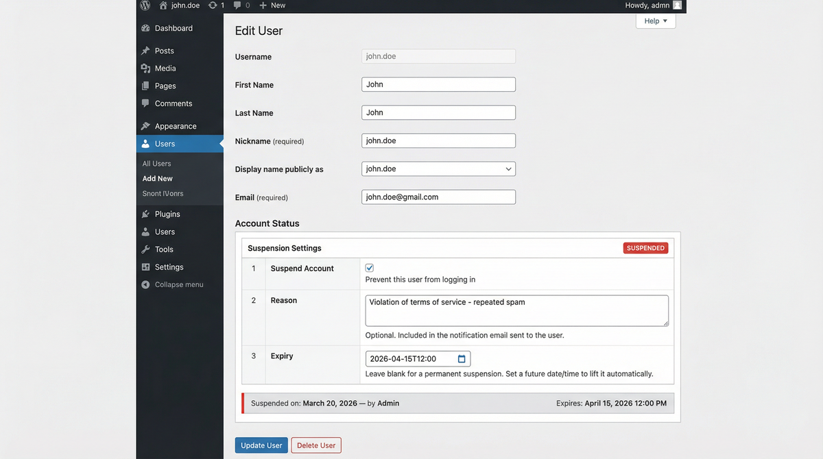 Suspended Users admin page with audit log.