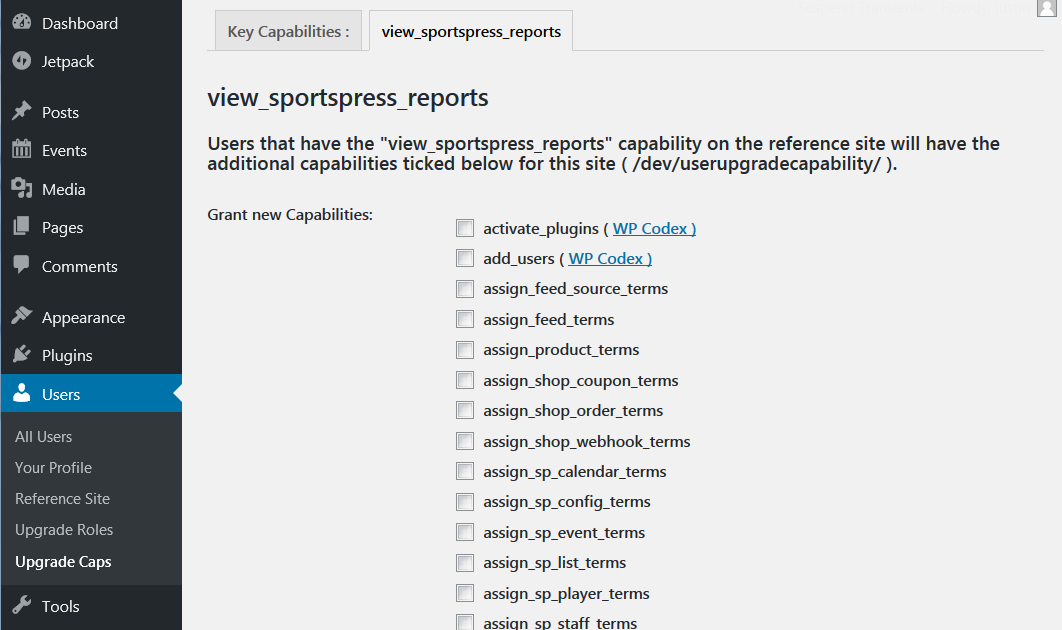 Users with the view_sportspress_reports capability on the primary reference site will have the more capabilities added to this local site.