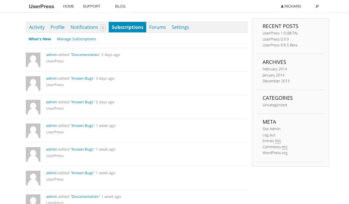 Subscriptions Management (via UserPress + BuddyPress)
