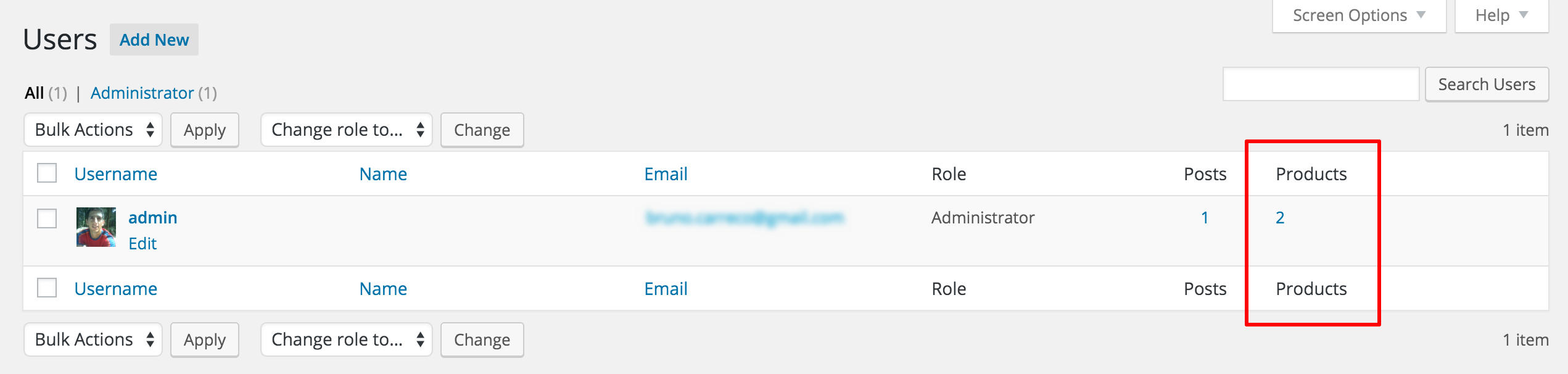 User list showing the new custom type count column