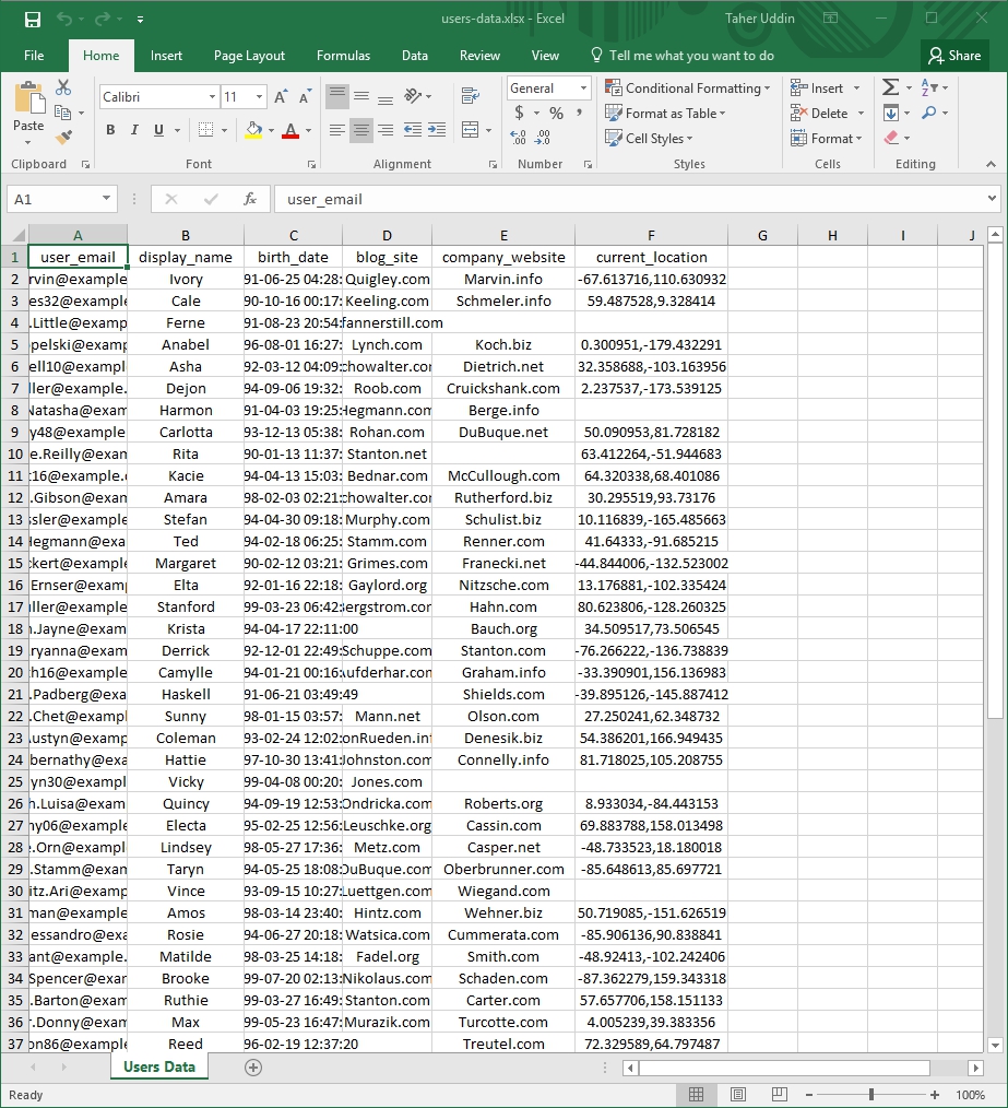 Exported .xlsx File in Microsoft Excel