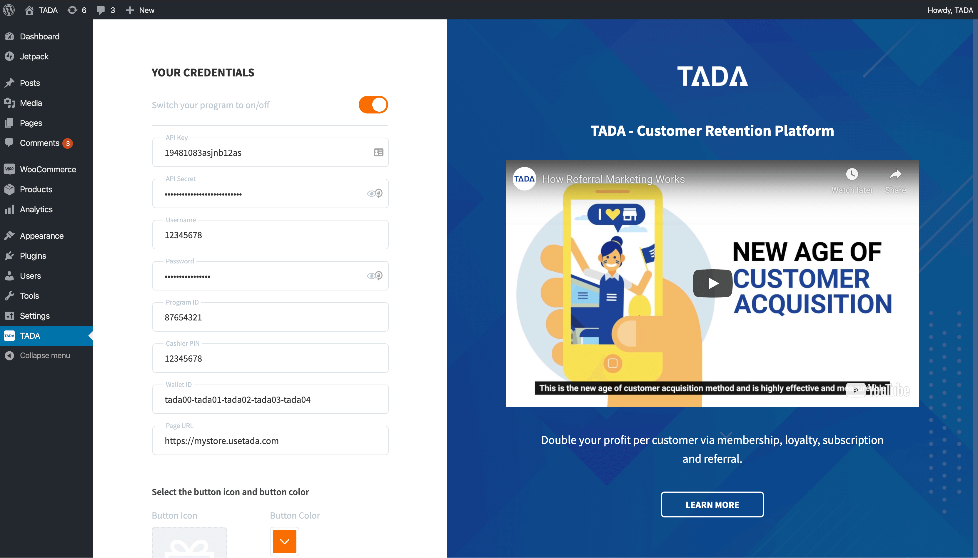 TADA plugin settings page