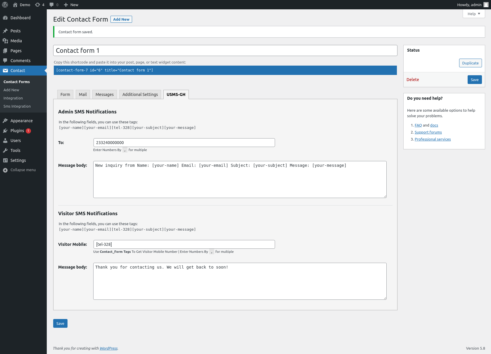 SMS Template Configurations.