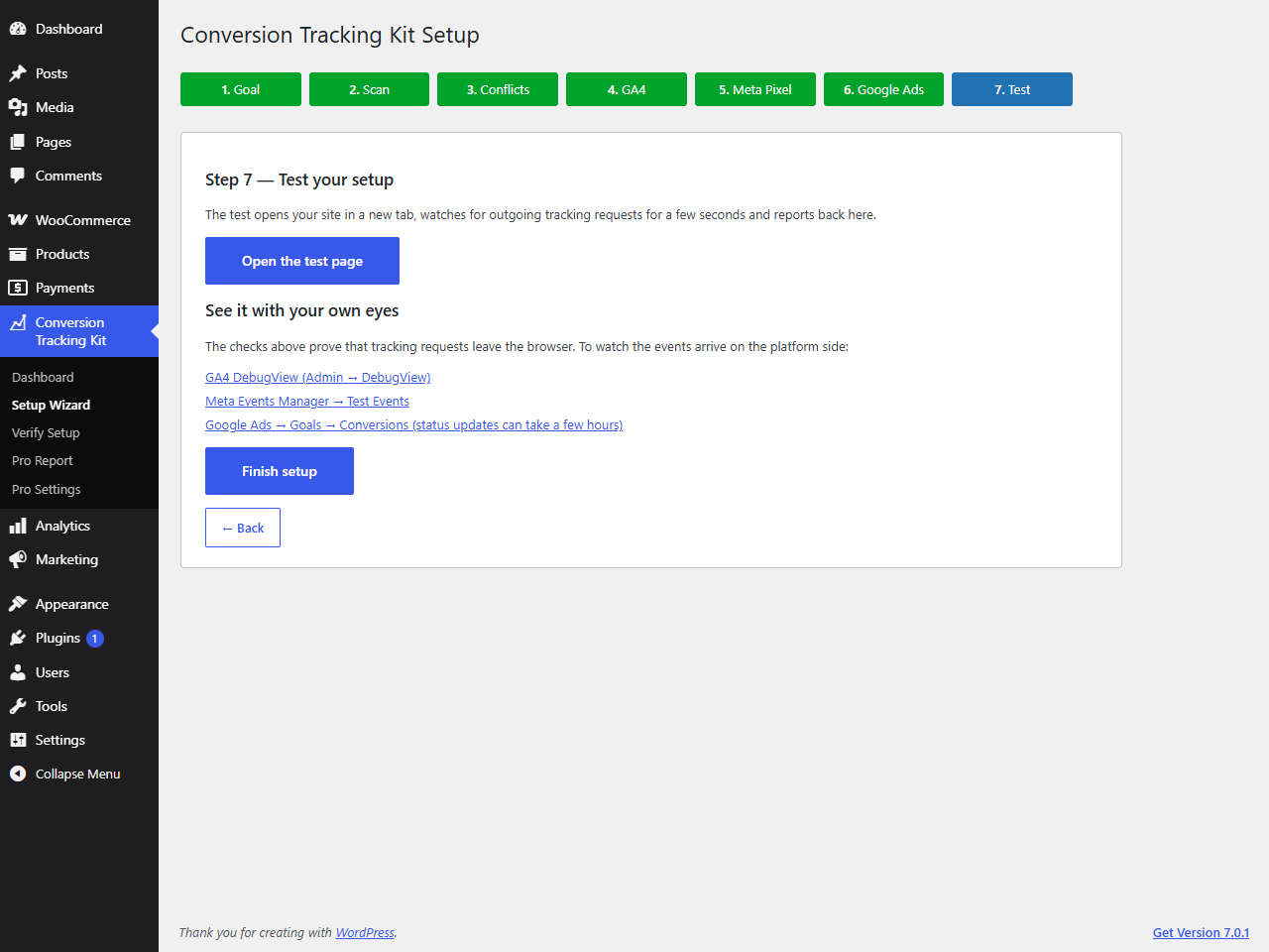 Setup wizard step 1 — scan of existing tracking plugins and on-page scripts.