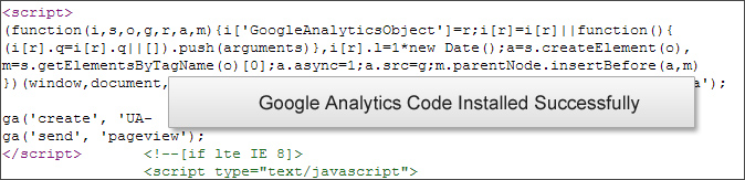 Google Analytics Tracking Code installation result.