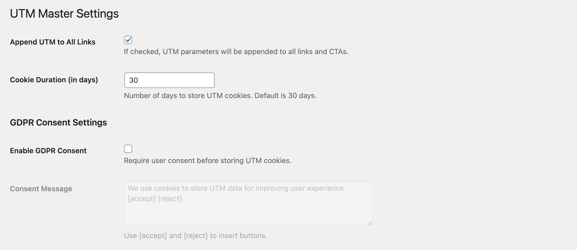 Settings page to configure cookie duration and GDPR.