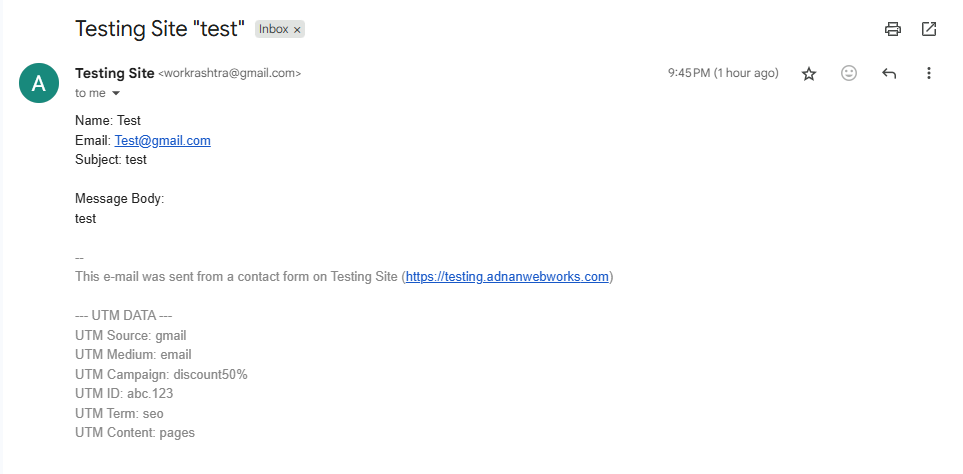 Example email showing injected UTM data.
