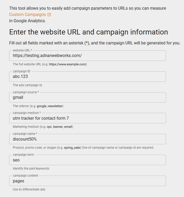 Browser address bar with UTM parameters before form submission.