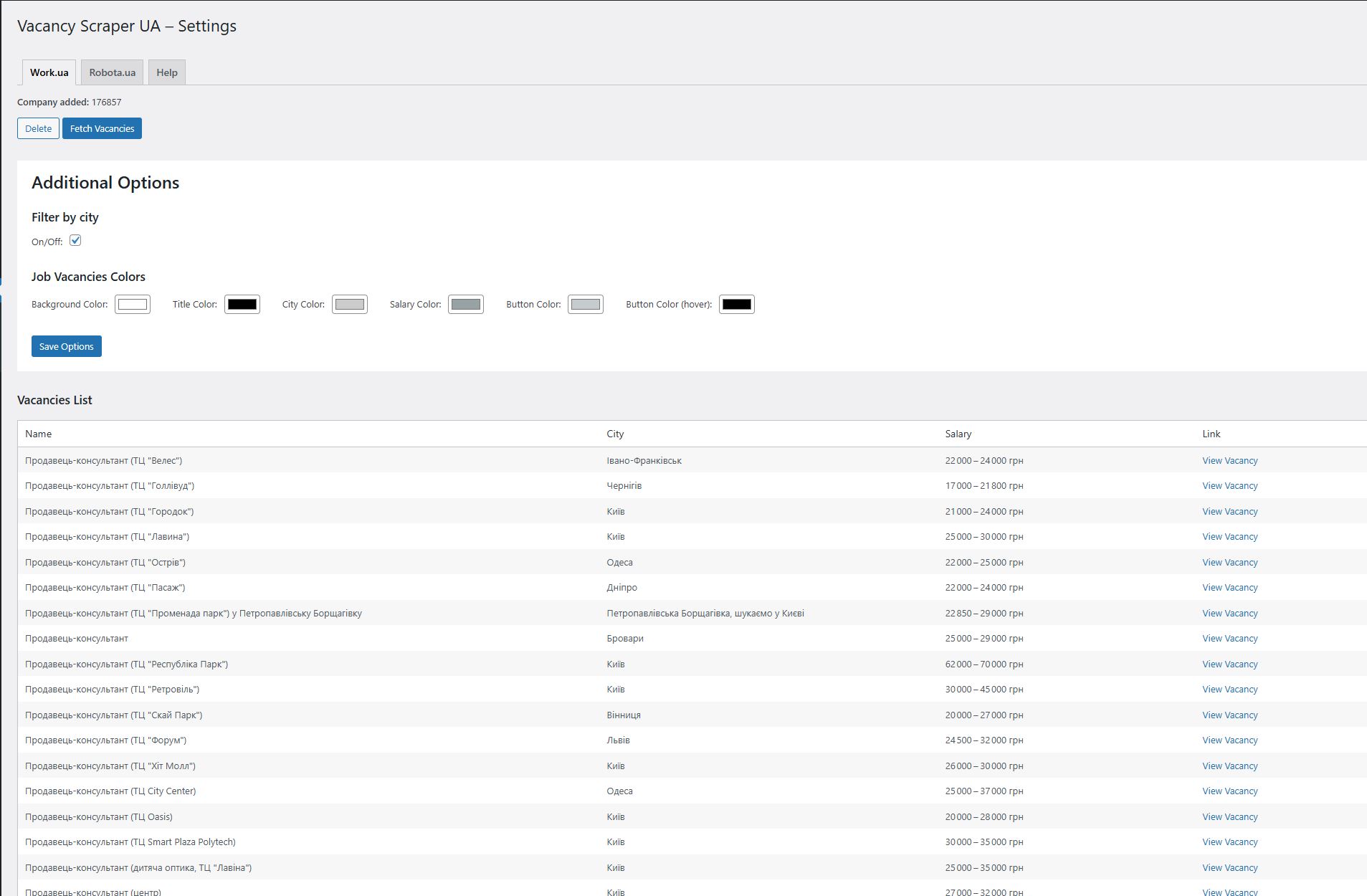 View of the admin panel after receiving data.