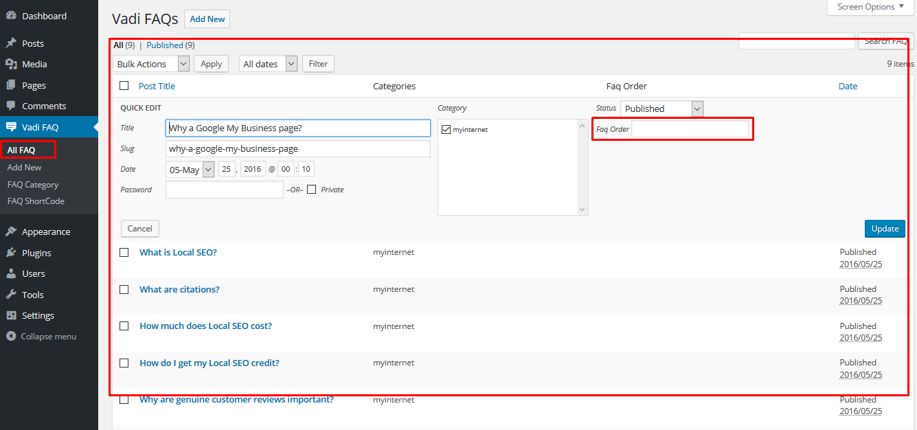 FAQ list, in quick screen faq order can be change