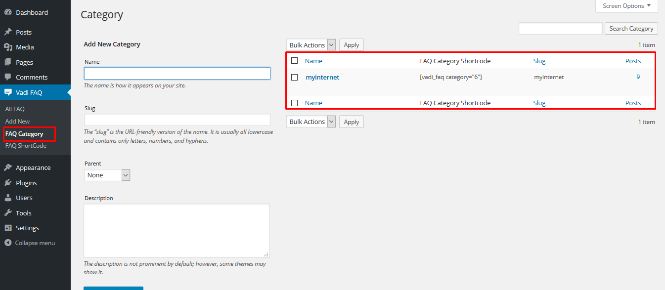 FAQ category shorcode for category available