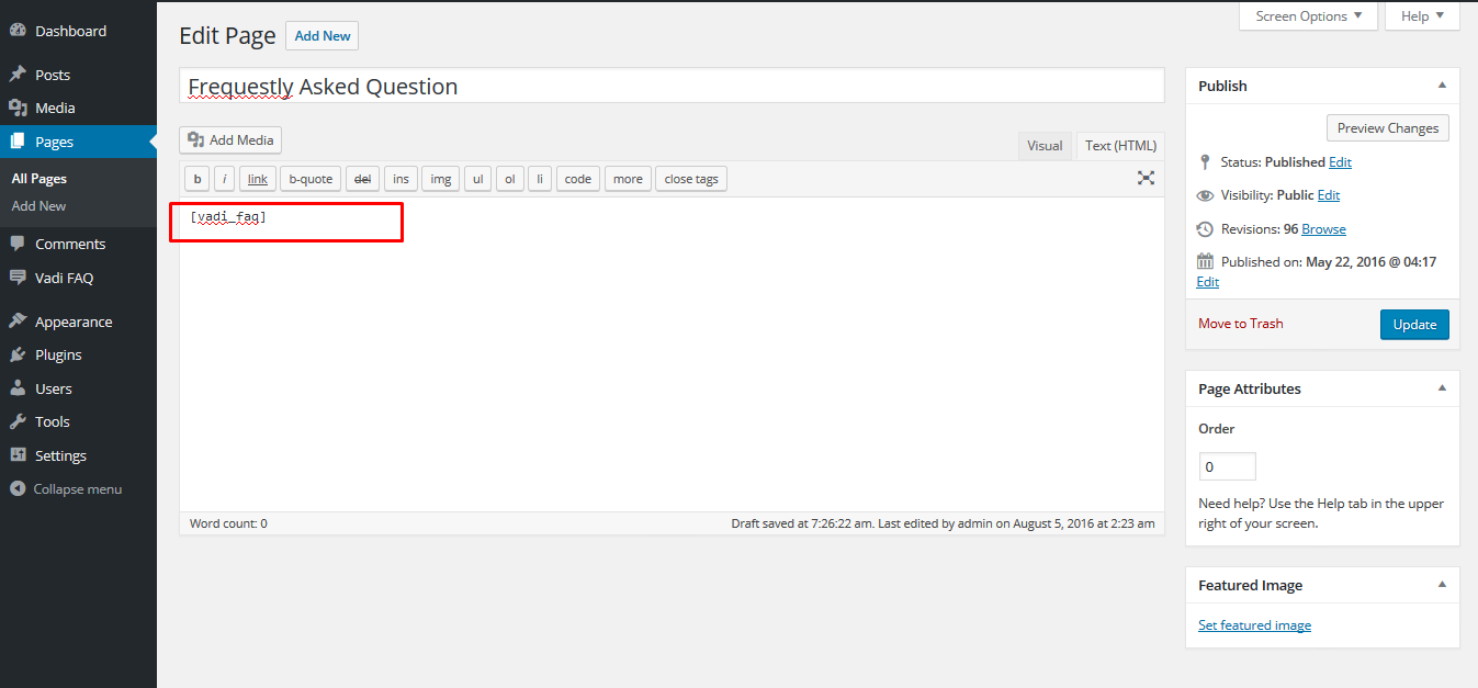 Place shortcode to a page or post