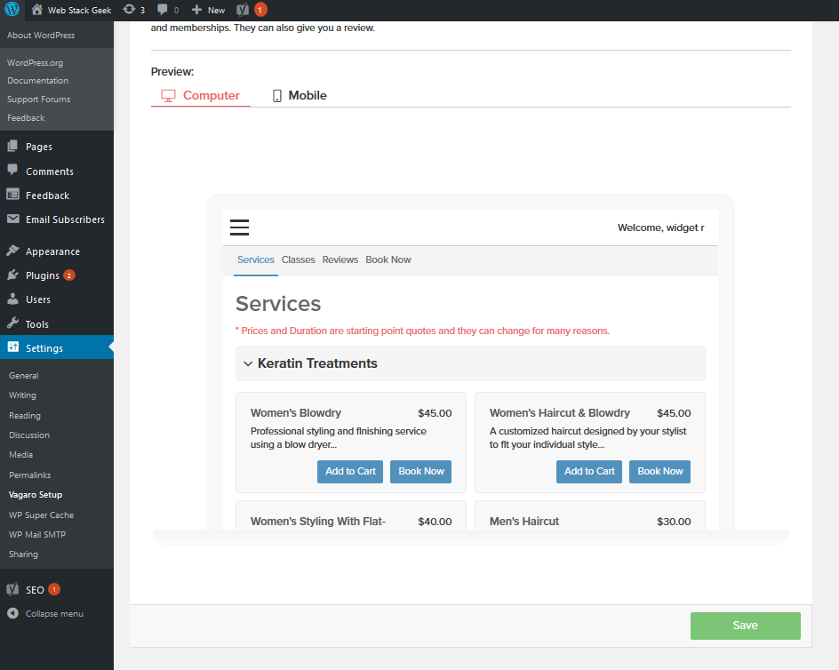 Widget button in a post or page
