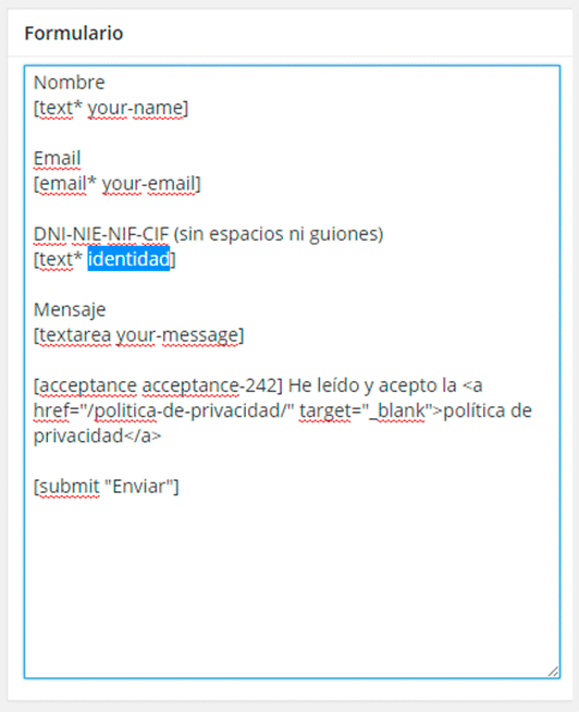 Añadir campo tipo texto con identificador "identidad" para validar documento.