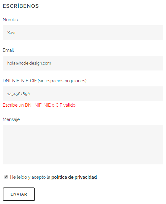 Mensaje de error al introducir un documento incorrecto.