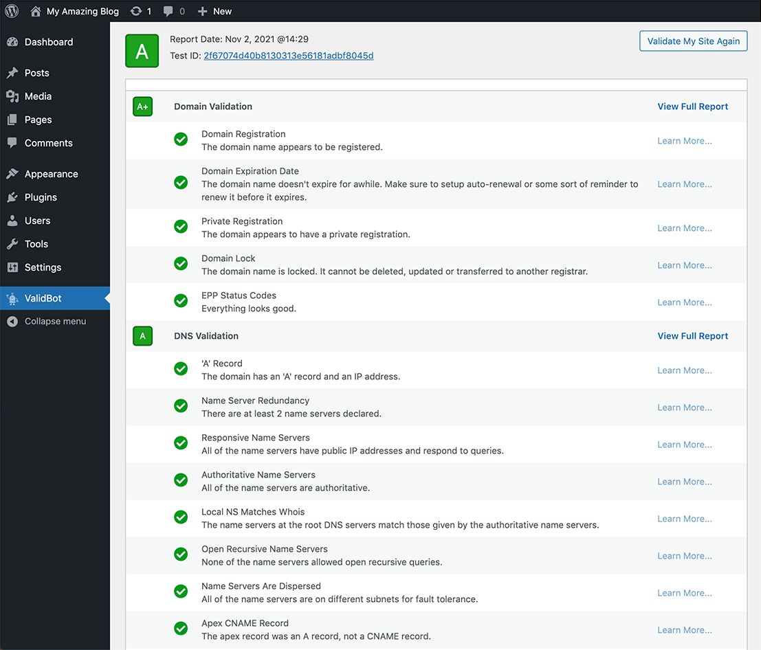 The report page from within your WordPress admin console