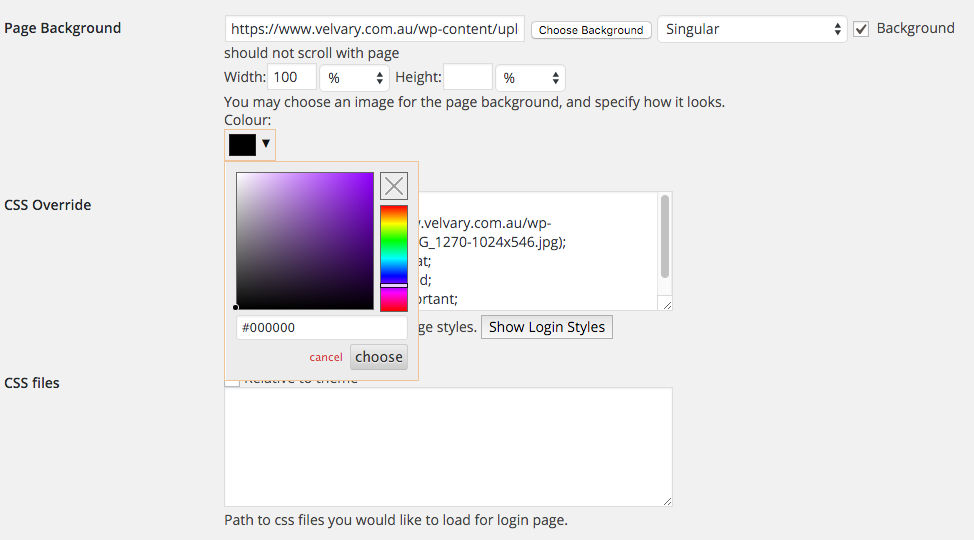 Admin background colour selection, image layout spec