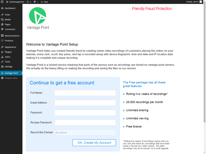 Vantage Point Create Free Account after plugin is Activated