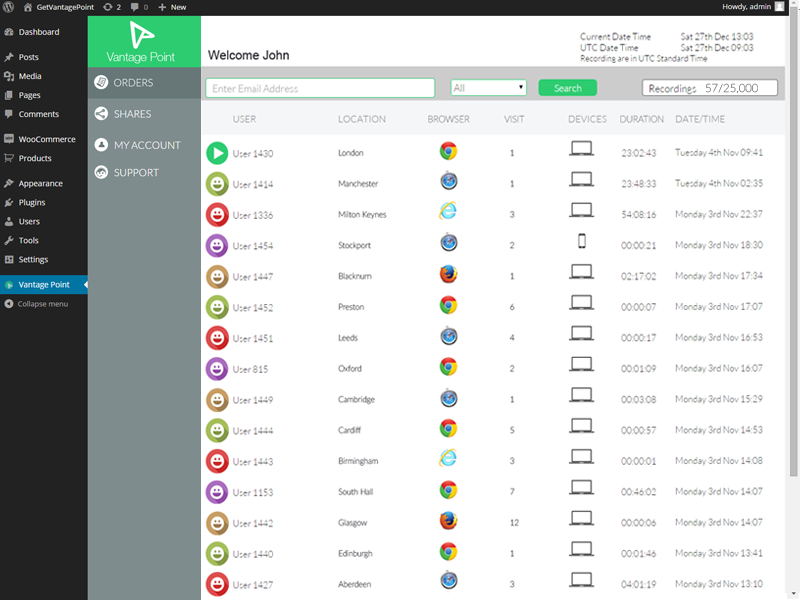 Vantage Point Dashboard showing all recordings