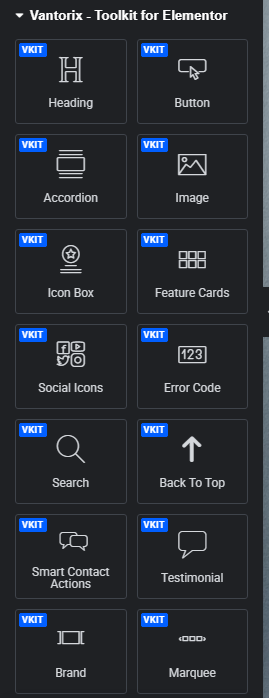 Widget Panel — 30+ custom widgets available inside Elementor.