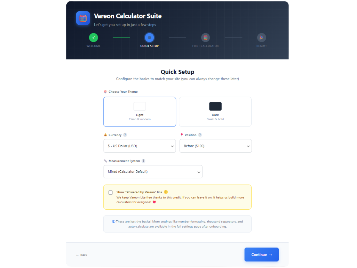Quick Setup screen allows you to configure theme, currency, measurement system, and branding preferences.