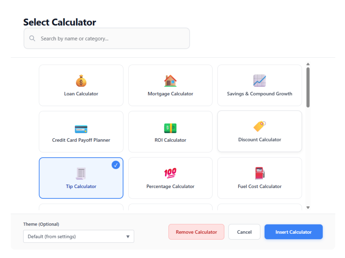 Select Calculator modal in the Gutenberg block editor, showing the full library of available calculator types.