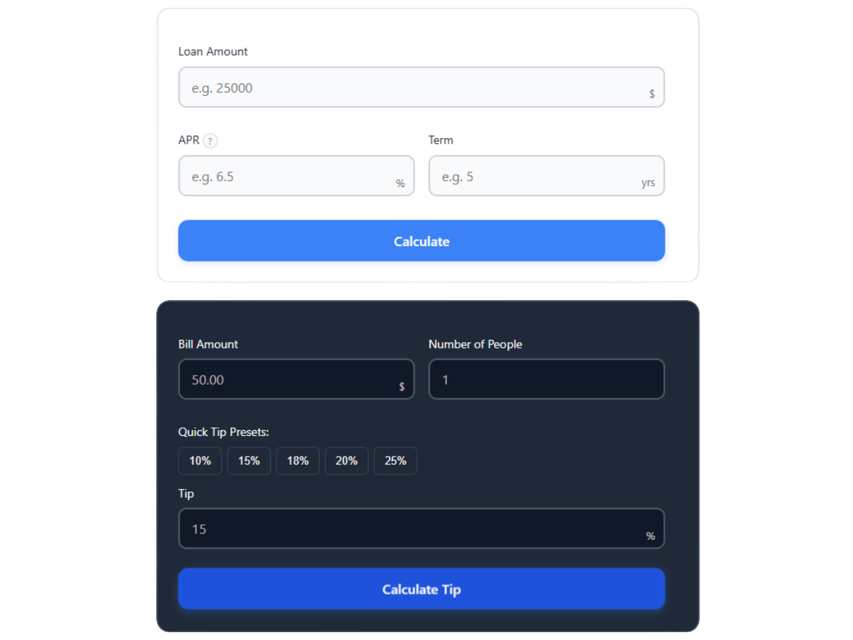 Two calculators displayed side-by-side demonstrating the Light and Dark theme options.