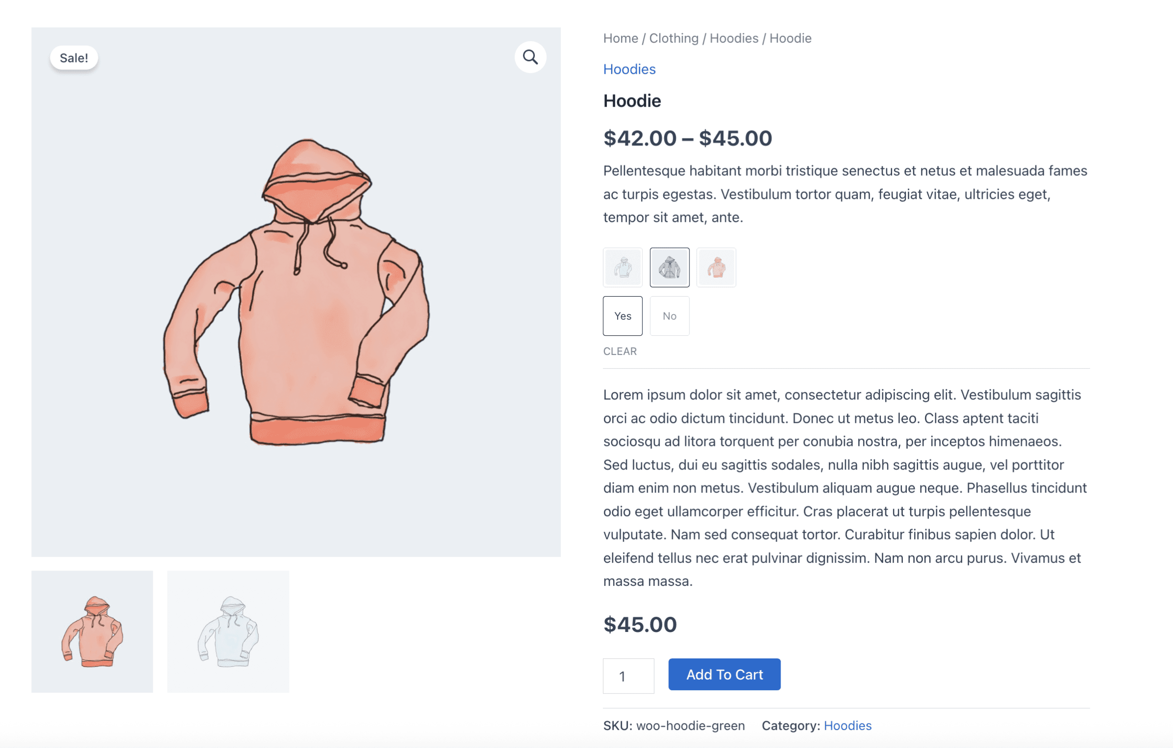 Size and label swatches converting dropdowns into clickable buttons.