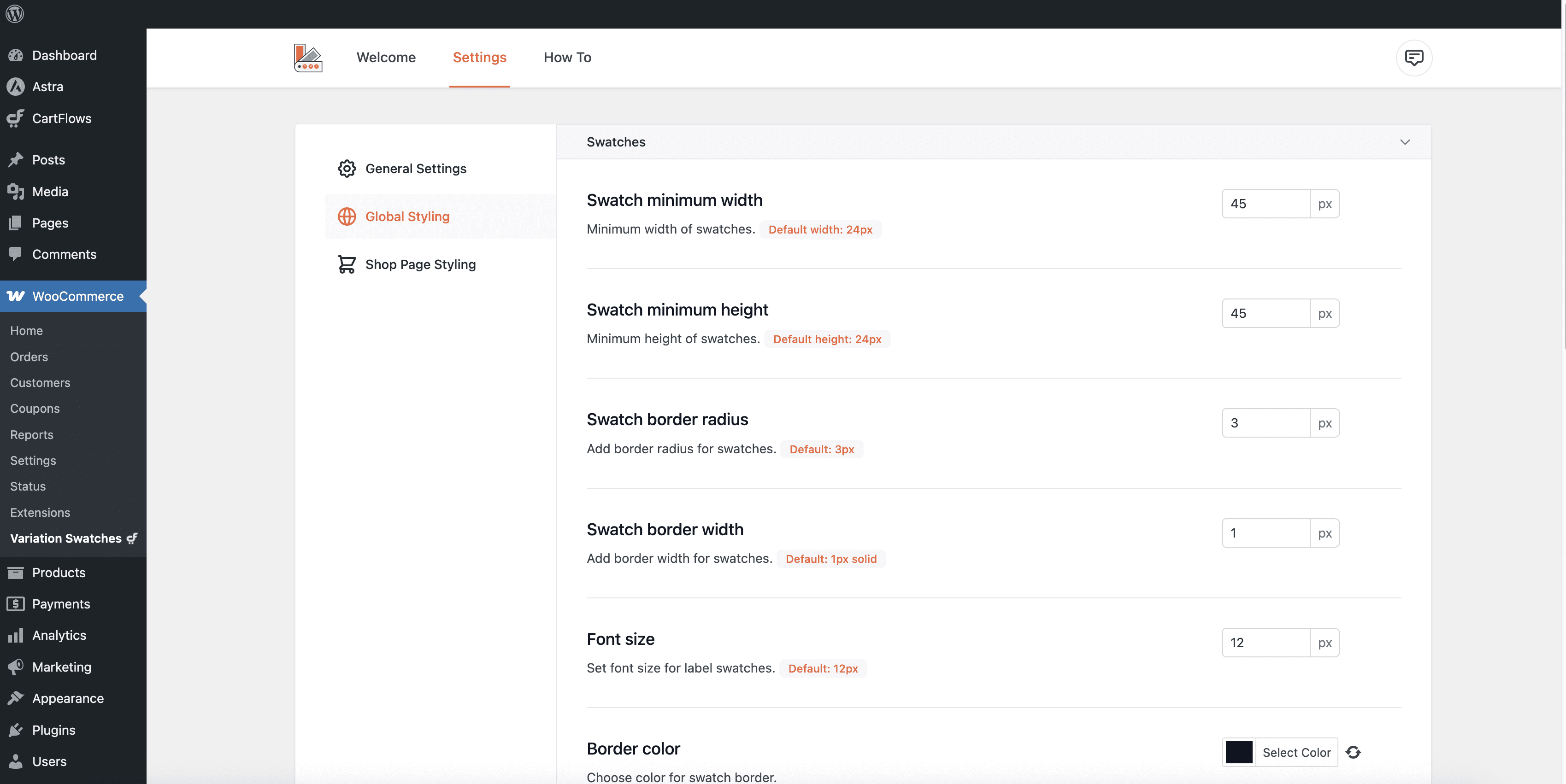 Global settings panel for swatch shape, size, tooltips, and stock behavior.