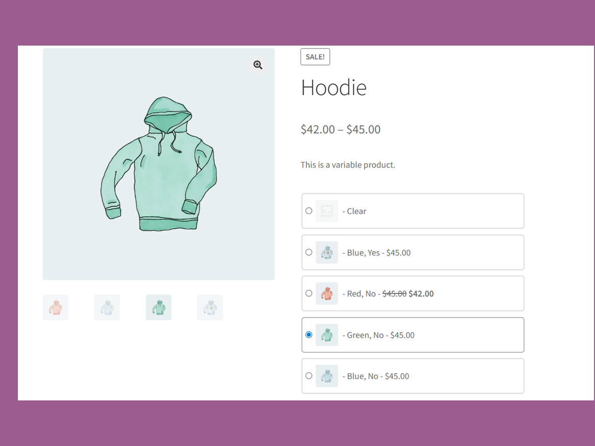 Variation Radio buttons replacing dropdowns on a variable product.