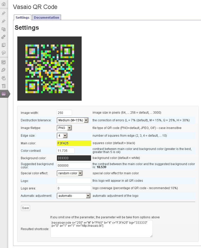 Vasaio QR Code - Settings