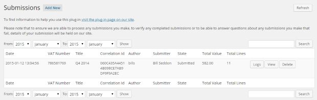 The main screen shows a list of the existing submissions.