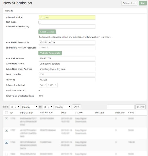 New definitions are created by specifying the correct header information, most of which is taken from the settings, and also select the sales transactions that should be includedin the submission