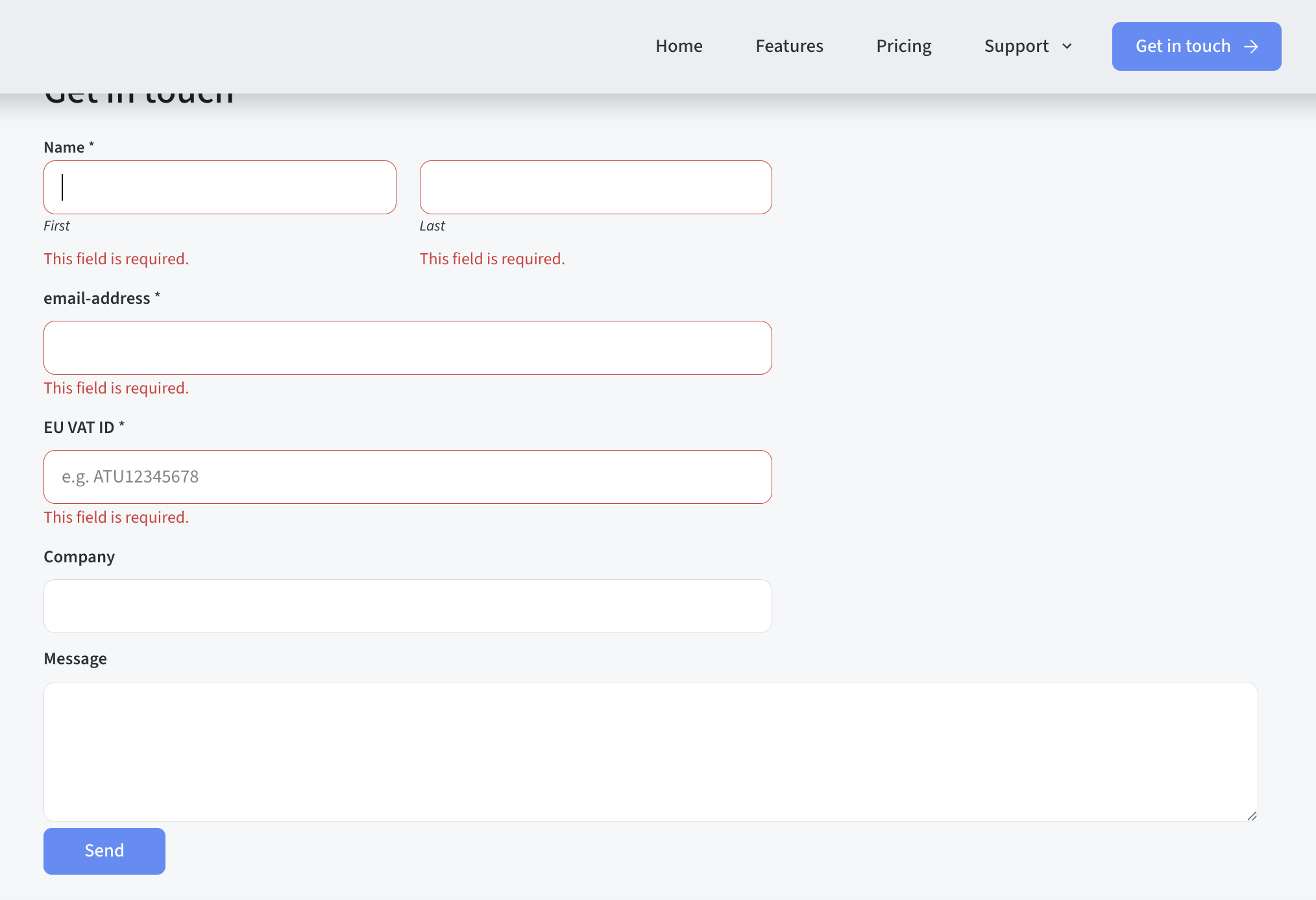Required field validation – all mandatory fields highlighted
